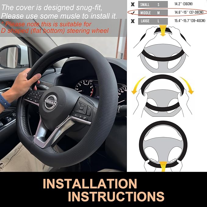 PINCTROT D Shaped Nappa Leather Steering Wheel Cover, Slim Fit No Bulk Design, One Piece Leather with Breathable Perforation,