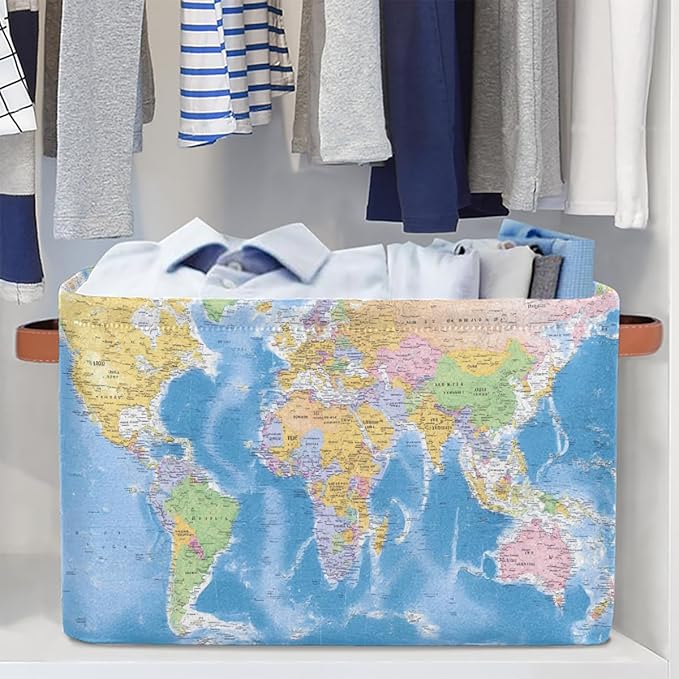 Globe World Map Storage Basket Collapsible Cloth Storage Cube Basket Bins Organizer with Handles Rectangular Large Toys Shelf