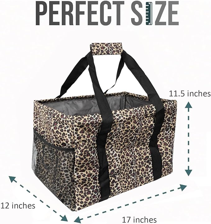 Extra Large Utility Tote Bag - Oversized Collapsible Tote with Wire Frame, Durable Reusable for Beach, Groceries, Laundry, Car Trunk, Storage and Travel - Includes 5x7 Bag with Hook - Leopard