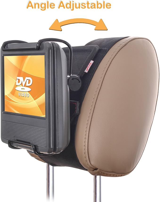 TFY Universal Car Headrest Mount Holder with Angle- Adjustable Holding Clamp for 7-9 Inch Swivel Screen Portable DVD Players, Black