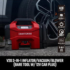 CRAFTSMAN Inflator/Vacuum/Blower 3-IN-1,Tire Inflator Portable Air Compressor with LED Light,Quiet Car Vacuum or Blower, 160 PSI for Car RV Truck,12V DC Corded and 20V DC Cordless,Tool Only