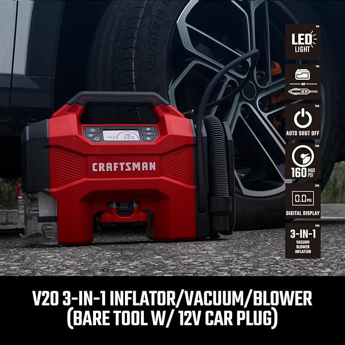 CRAFTSMAN Inflator/Vacuum/Blower 3-IN-1,Tire Inflator Portable Air Compressor with LED Light,Quiet Car Vacuum or Blower, 160 PSI for Car RV Truck,12V DC Corded and 20V DC Cordless,Tool Only