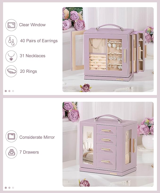 Homde Jewelry Box 360° Rotating, Necklace Earring Organizer with Transparent Window, Mirror, 7 Drawers, Large Ring Display St