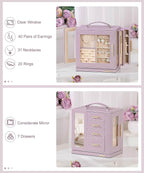 Homde Jewelry Box 360° Rotating, Necklace Earring Organizer with Transparent Window, Mirror, 7 Drawers, Large Ring Display St
