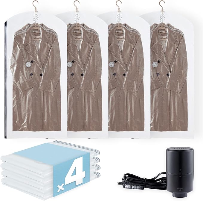 Hanging Vacuum Storage Bags with Electric Pump, 4 Pack (53 x27.5 inch), Vacuum Seal Bags for Clothing, Garment Storage for Sh