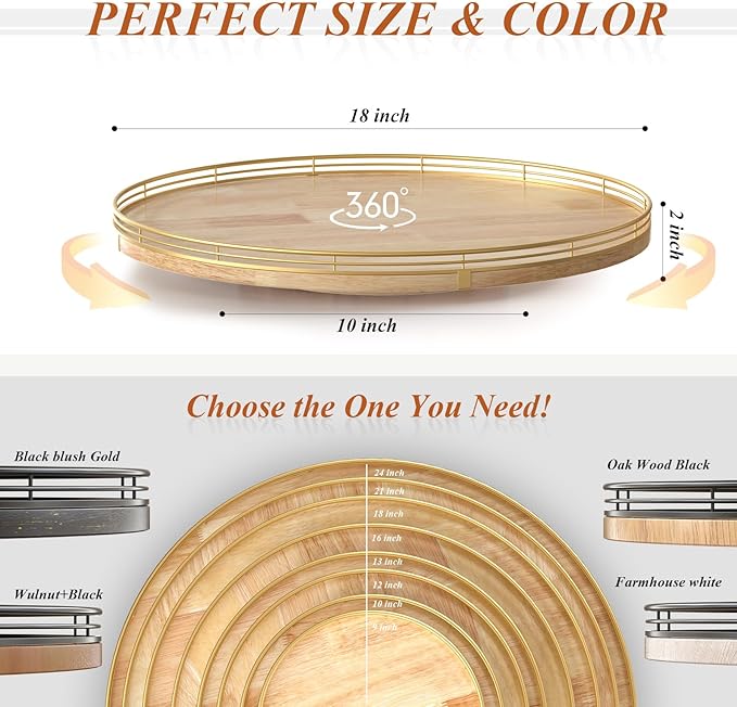 18 Inch Rustic Lazy Susan Turntable – Solid Oak & Iron Wood Rotating Tray for Dining Table, Kitchen Counter, Coffee Table – F