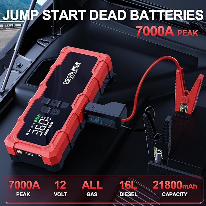 7000A Jump Starter with Air Compressor, 21800mAh 150PSI Portable Car Battery Jump Starter (All Gas/16L Diesel), 12V