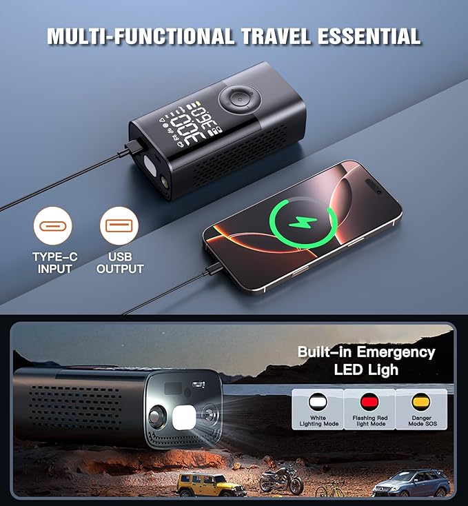 Tire Inflator Portable Air Compressor Portable Cordless Mini Air Pump with Digital Pressure Gauge Inflater 150PSI 3X Fast Inflation Auto Shutoff Large Battery Tires Pump for Cars Motors Bikes Balls