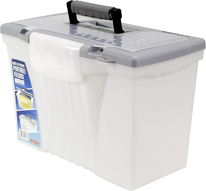 Storex Portable File Box with Organizer Lid, 17.13 x 9.63 x 11 Inches, Frosted/Silver (STX61511U01C)