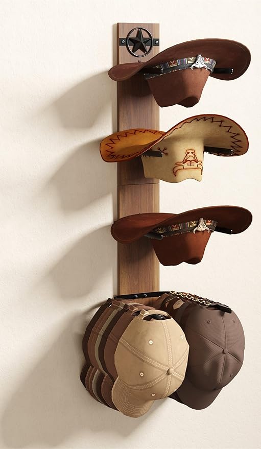 Hat Holder Rustic Wood Star Design – 2-Piece Organizer with Extra Wide Wooden Boards (12cm / 4.72"), 4-Hook Cowboy Hat Rack f
