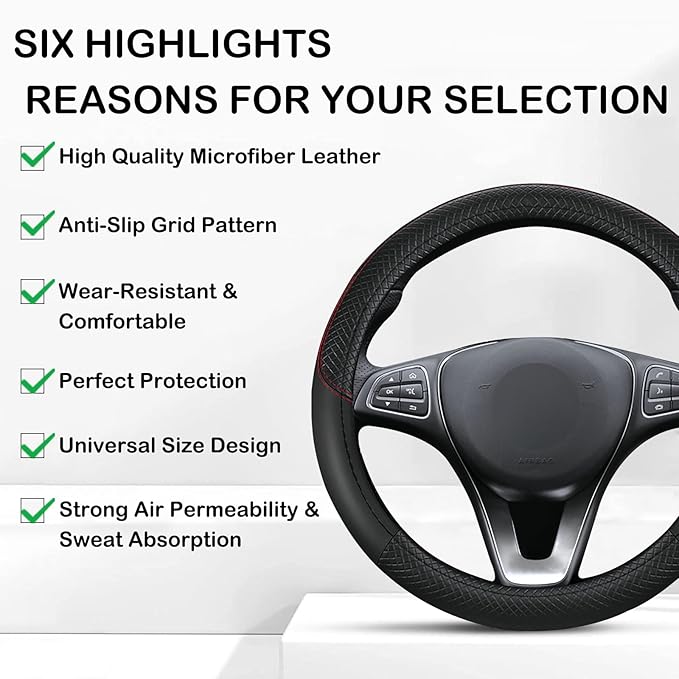 Leather Patchwork Black Steering Wheel Cover, 14.5-15 Inch Non-Slip Breathable Microfiber Car Steering Wheel Protector