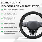 Leather Patchwork Black Steering Wheel Cover, 14.5-15 Inch Non-Slip Breathable Microfiber Car Steering Wheel Protector