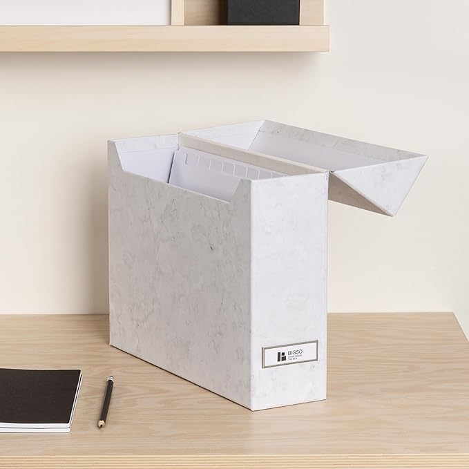 Bigso Lovisa Fiberboard Label Frame 12 File Storage Box - Paperwork Storage Box with Metal Label Holder - Durable Document Or