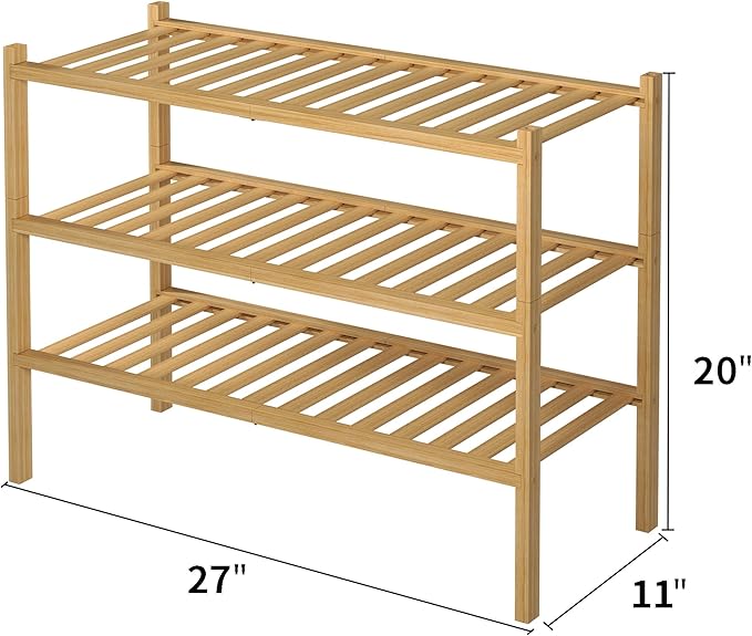 ROMGUAR CRAFT 3 Tier Bamboo Shoe Rack for Closet Free Standing Wood Shoe Shelf Storage Organizer for Entryway Small Space Sta
