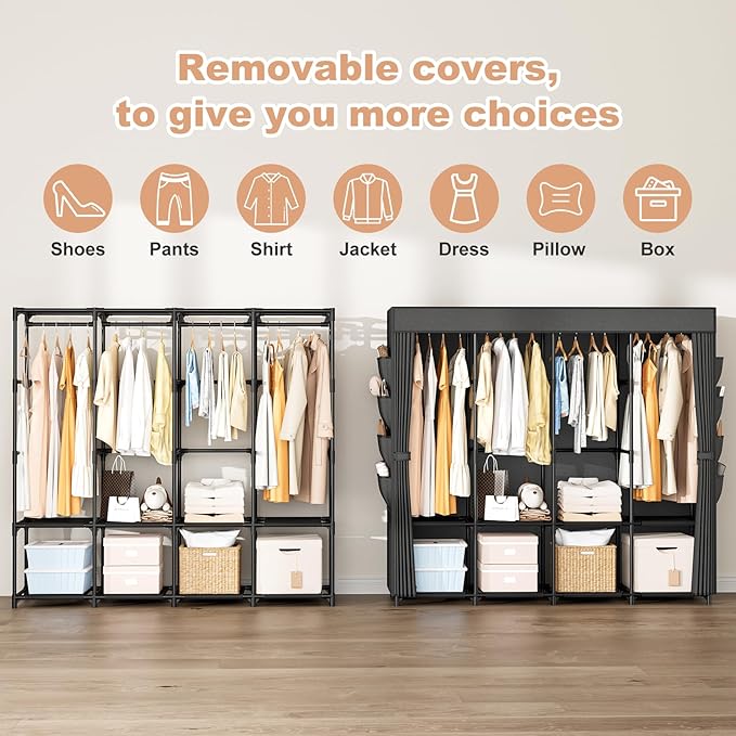 Portable Closet for Hanging Clothes, 67 Inch Wide Portable Wardrobe Closet with Cover, 4 Hanging Rod, Storage Shelves and Sid