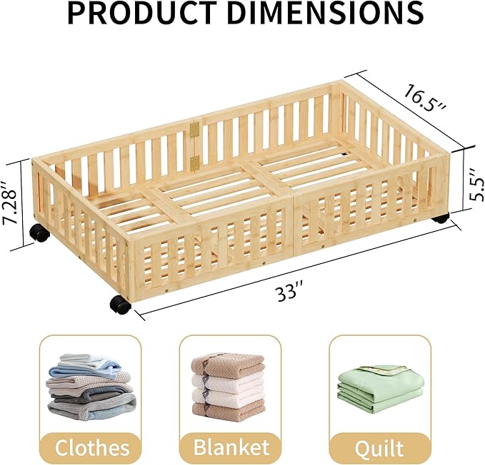 Bamboo Under Bed Storage with Wheels,Rolling Underbed Shoe Organizer Box for Shoes,Blankets,Toys,Clothes Container Space-Savi