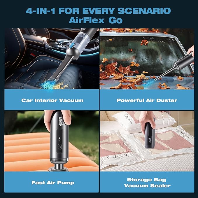HAUSMEISTER Airflex Go Cordless Car Vacuum 16000Pa, 4-in-1 Handheld Vacuum with Air Duster & Inflator, Portable Mini Vac for 