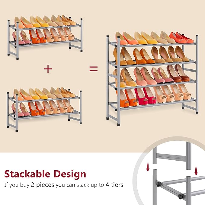 Tajsoon 2 Tier Expandable Shoe Rack for Closet, 28“-41“Adjustable & Stackable Shoe Shelf Storage, Metal Shoe Rack Organizer f