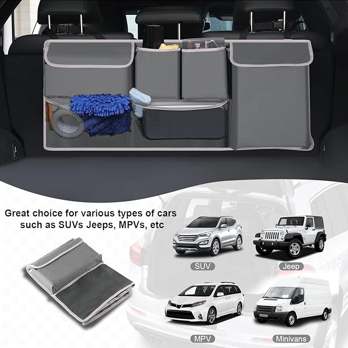 UYYE Trunk Hanging Organizer, Backseat Storage Bag, Collapsible Car Interior Accessories with 4 Pockets & 2 Mesh Pouches for