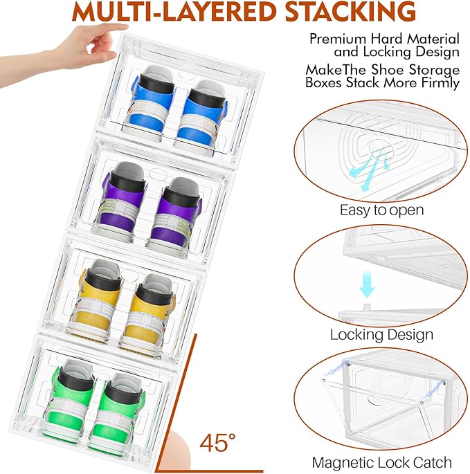 caktraie 6 Pack Thicken Shoe Organizer Stackable,Upgraded Sturdy Shoe Storage Box with Magnetic Door,Shoe Containers for Snea