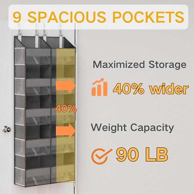 Over The Door Organizer with 5 Shelves, 9 Compartments + 10 Side Pockets, 90+ lbs Weight Capacity, Heavy-Duty Behind the Door