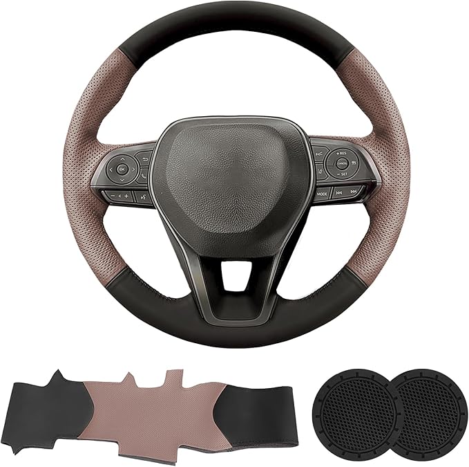 Genuine Leather Hand Sewn Steering Wheel Cover for Toyota RAV4 SUV 2019-2024 /Avalon 2019-2022 /Camry 2018-2024 /Corolla 2020-2025 Accessories, DIY Sew On Full-Wrap Steering Wheel Cover(Brown)