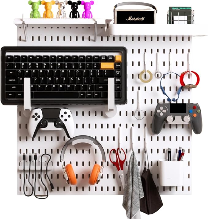 Keepo Peg Board Wall Organizer for Gaming Setup, Pegboard with Adhesives & Screw Mounts, Includes Peg Board Accessories for G