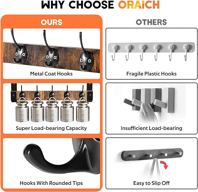 Oraich Wall Hooks with Shelf, Coat Rack Wall Mount for Coat Backpack Key Clothes Hanger, Wall Floating Shelf Hanging in Entry