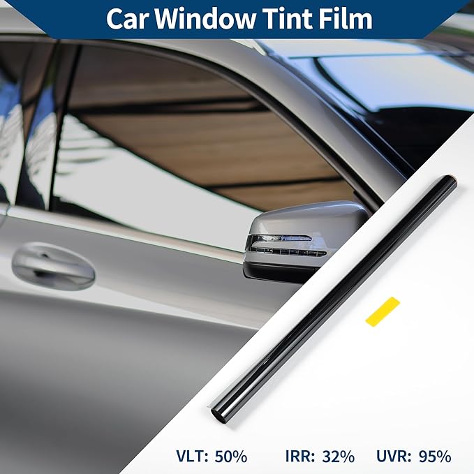 Car Window Tint Film Window Privacy Film Car Carbon 2PLY PET 9.84 ft x 29.92 Inch 1 Pc Black VLT 50% IRR 32% UVR 95%