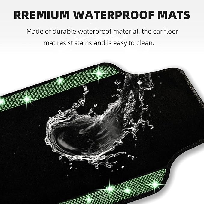 NBTEPEM Bling Car Floor Mats Full Set and Steering Wheel Cover, Universal Fit Most Cars, 4 pcs Sparkle Glitter Diamond Carpet, 5 pcs Bling Car Accessories Set for Women (Green Diamond)