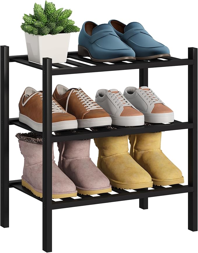 BMOSU 3-Tier Bamboo Small Shoe Rack Premium Stackable Shoe Shelf Storage Organizer for Hallway Closet Living Room Entryway Or