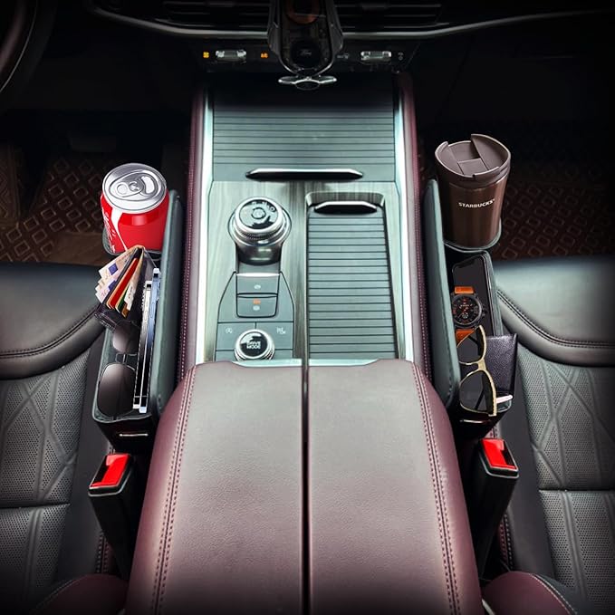 Car Seat Gap Filler & Organizer，2 Pack Black Car Leather Cup Holder Gap Bag,Men Car Interior Accessories，Seat Gap Storage Box for Storage Sunglasses、Phone、Key