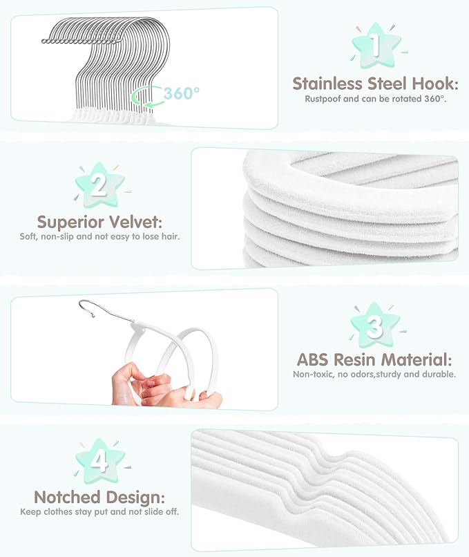 VIS'V Baby Hangers, 11 Inch Velvet Kids Hangers with 6 Pcs Clothes Size Dividers, Infant Toddler Nursery Closet Organization,