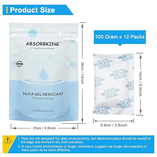 Moisture Absorbers - 100 Gram 12 Packs Silica Gel Packets, Desiccant Packs for Storage, Food Safe Desiccant for Foods, 3D