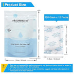 Moisture Absorbers - 100 Gram 12 Packs Silica Gel Packets, Desiccant Packs for Storage, Food Safe Desiccant for Foods, 3D