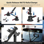 NEEWER Triple Suction Cup Car Mount Kit, Two 24" Aluminum Alloy Extension Poles, NATO Rail, Action Camera Adapter Compatible with GoPro DJI Insta 360, Max Load 2.2 lb, CA166