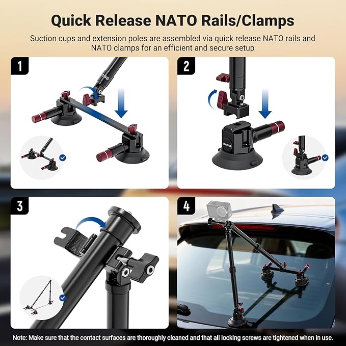 NEEWER Triple Suction Cup Car Mount Kit, Two 24" Aluminum Alloy Extension Poles, NATO Rail, Action Camera Adapter Compatible with GoPro DJI Insta 360, Max Load 2.2 lb, CA166