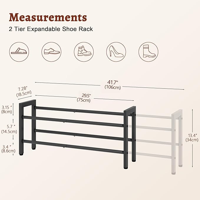 FAVOOSTY 2-Tier Expandable Shoe Rack, Adjustable Shoe Shelf Storage Organizer Space Saving Metal Free Standing Shoe Rack for 