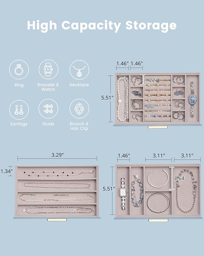 Lolalet Jewelry Box Organizer, 3-Layer Jewelry Organizers and Storage Case with Glass Lid, Ring Earring Bracelet Necklace Hol