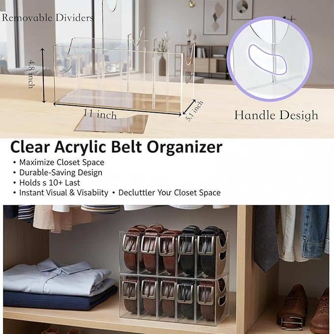 4-Pack Belt storage Organizer for Closet with Removable Dividers - 5 Compartments & Handles Drawer organization and storage f