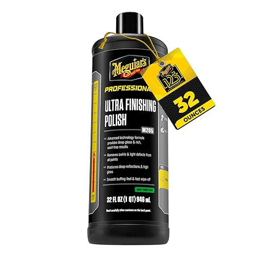 Meguiar's M205 Mirror Glaze Ultra Finishing Polish, Easy-to-Use Formula for Impeccable Shine, Multiple Ways to Apply Mirror Glaze, Removes Defects and Swirls for a High Gloss, 32 Oz Container