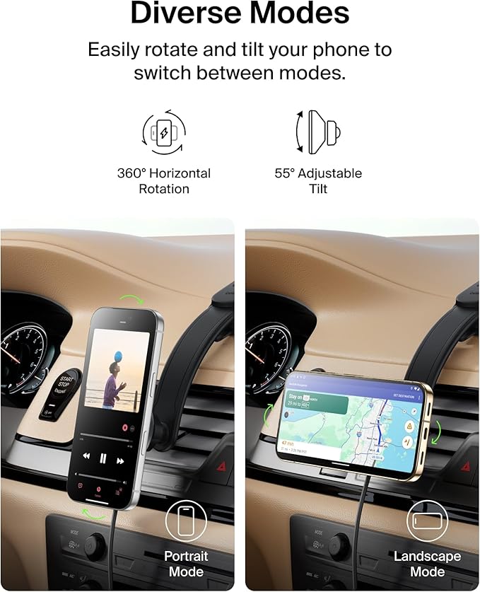 Belkin Wireless Car Charger, MagSafe Phone Holder & Car Dash Mount w/ 1M USB C Cable, Qi2 MagSafe Compatible Fast Charging iPhone Charger for iPhone 17, Galaxy S25, Pixel 10, Road Travelers, Black