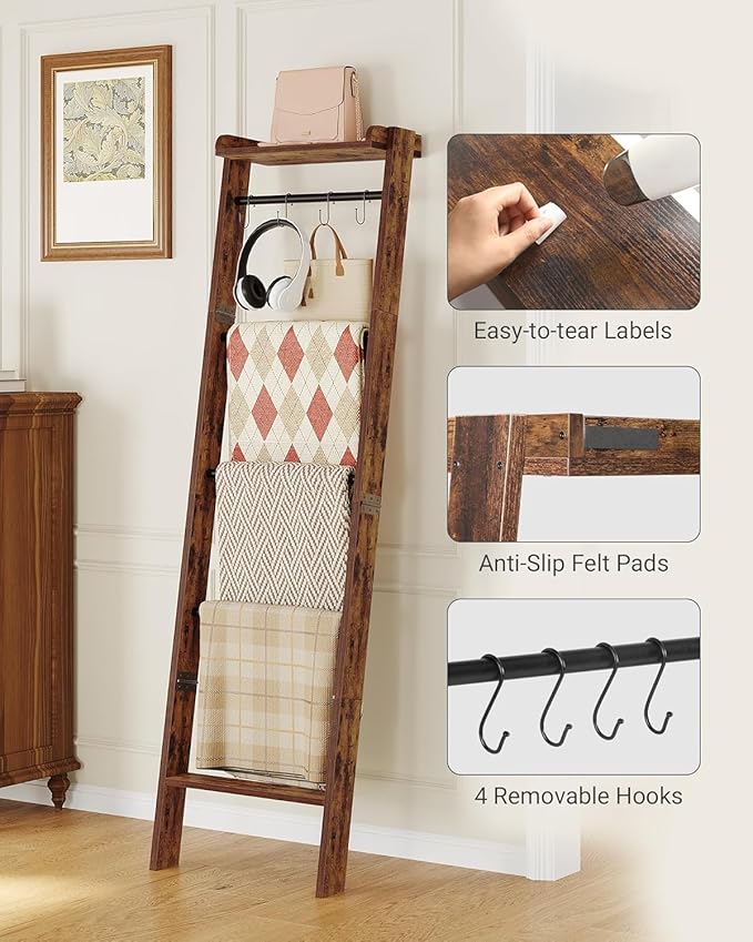 Hzuaneri Blanket Ladder Shelf, Decorative Quilt Rack, 6-Tier Farmhouse Ladder Holder Organizer with 4 Removable Hooks 7.9" D 