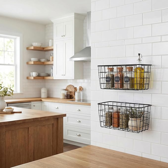 2 Set Adhesive Hanging Wall Basket Inside Cabinet Door Organizer,Wall Storage Basket-No Drilling Adhesive wall Basket for Cup