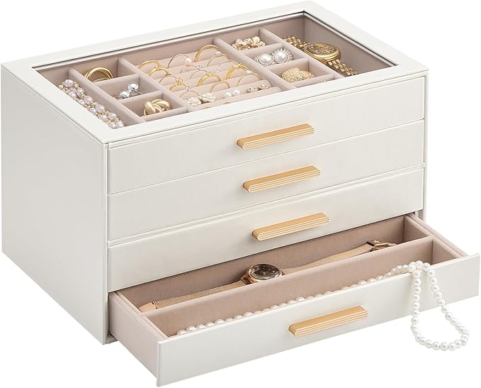 Lolalet Jewelry Box Organizer, 4-Layer Jewelry Organizers and Storage Case with Glass Lid, Ring Earring Bracelet Necklace Hol