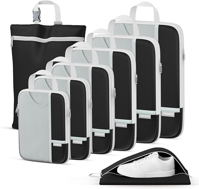 Percover Compression Packing Cubes 8-Piece Set, Packing Cubes Compression for Travel with Laundry Bag & Shoe Bag, Travel Orga