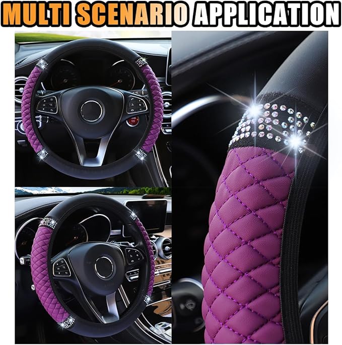 Bling Soft Leather Steering Wheel Cover, 15 Inch Colorful Rhinestones Auto Elastic Protector with Crystal Diamond for Women G