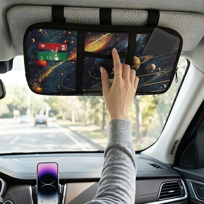 Cosmic Galaxy Car Sun Visor Organizer Vehicle Document Holder Organizer Zipper Car Truck Visor Storage Pouch Holder with Multi-Pocket Elastic Bands Auto Interior Accessories