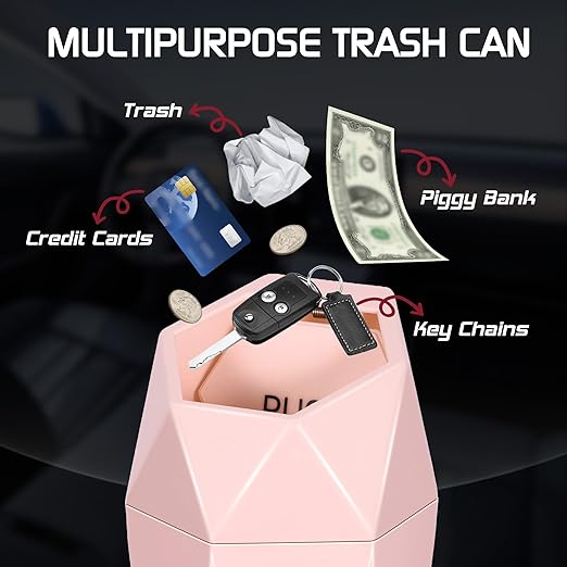 Car Trash Can with Lid, Mini Car Trash Cup with 30 Additional Trash Bags, Car Accessories for Interior, Leakproof Vehicle Garbage Bin for Car, Home, Office - 2 Packs, Pink