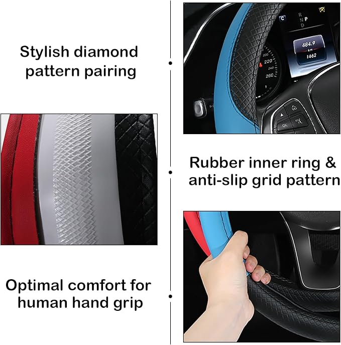 Leather Patchwork Black Blue Steering Wheel Cover, 14.5-15 Inch Non-Slip Breathable Microfiber Car Steering Wheel Protector